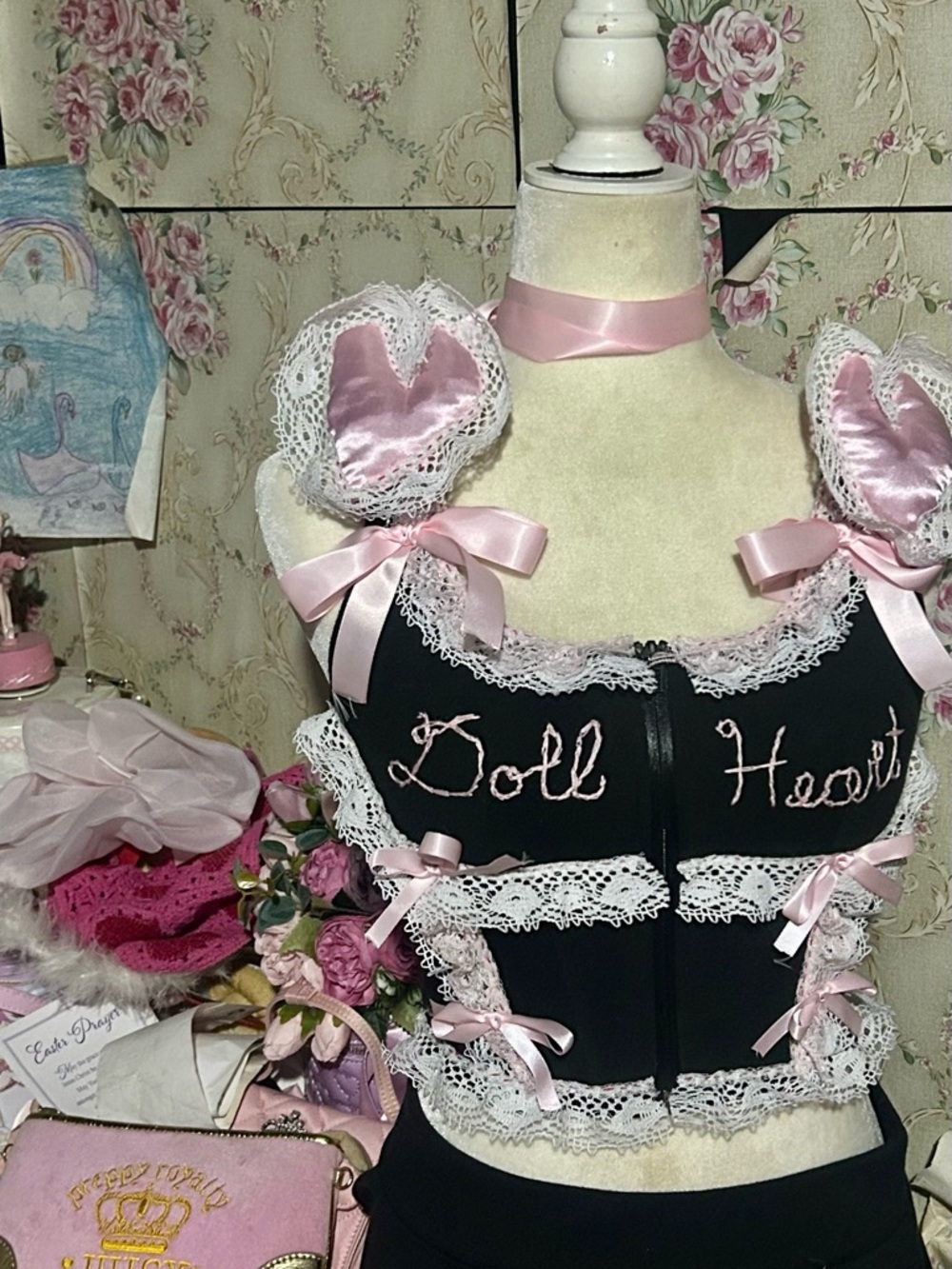 My doll heart 🎀💖 ooak corset top embroidered  dolly  pink bows pretty hearts vs